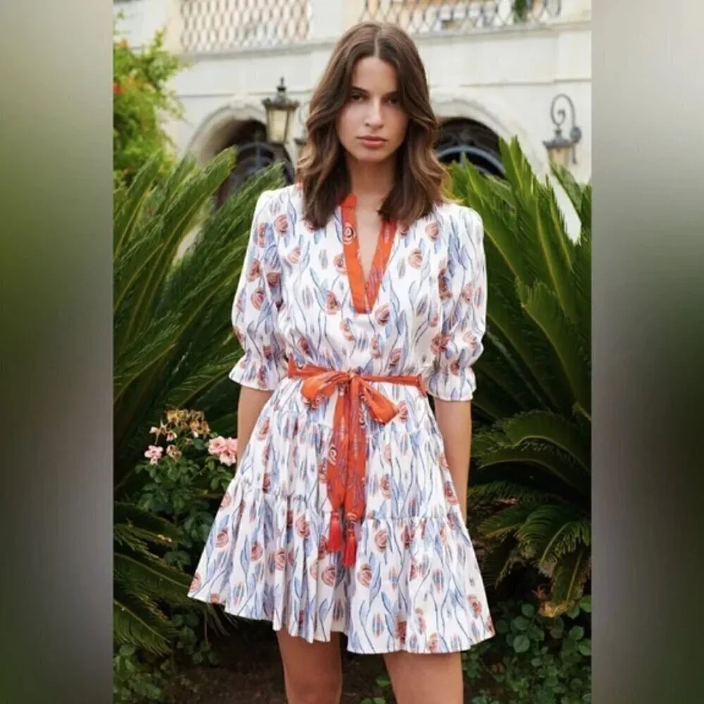 Paolita | Efterpe Tiered Mini Dress Floral Print Belted Puff Sleeves Size XS